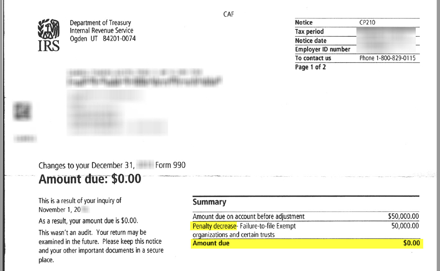 IRS Letter CP210 Form 990 penalty abated